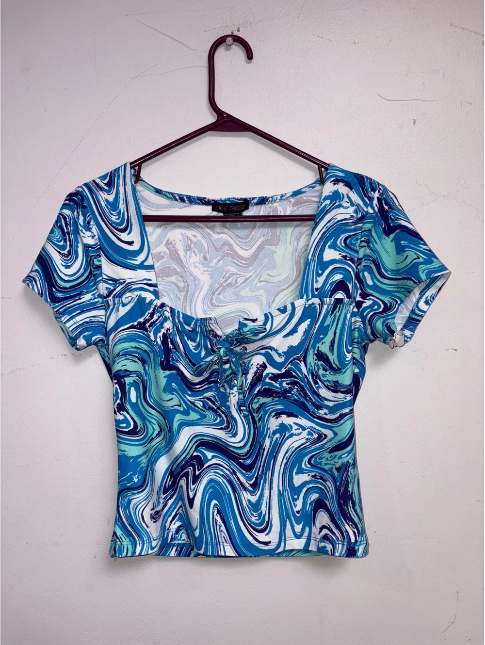 Love Theory Women's Blue Swirl Print Short Sleeve Top Medium